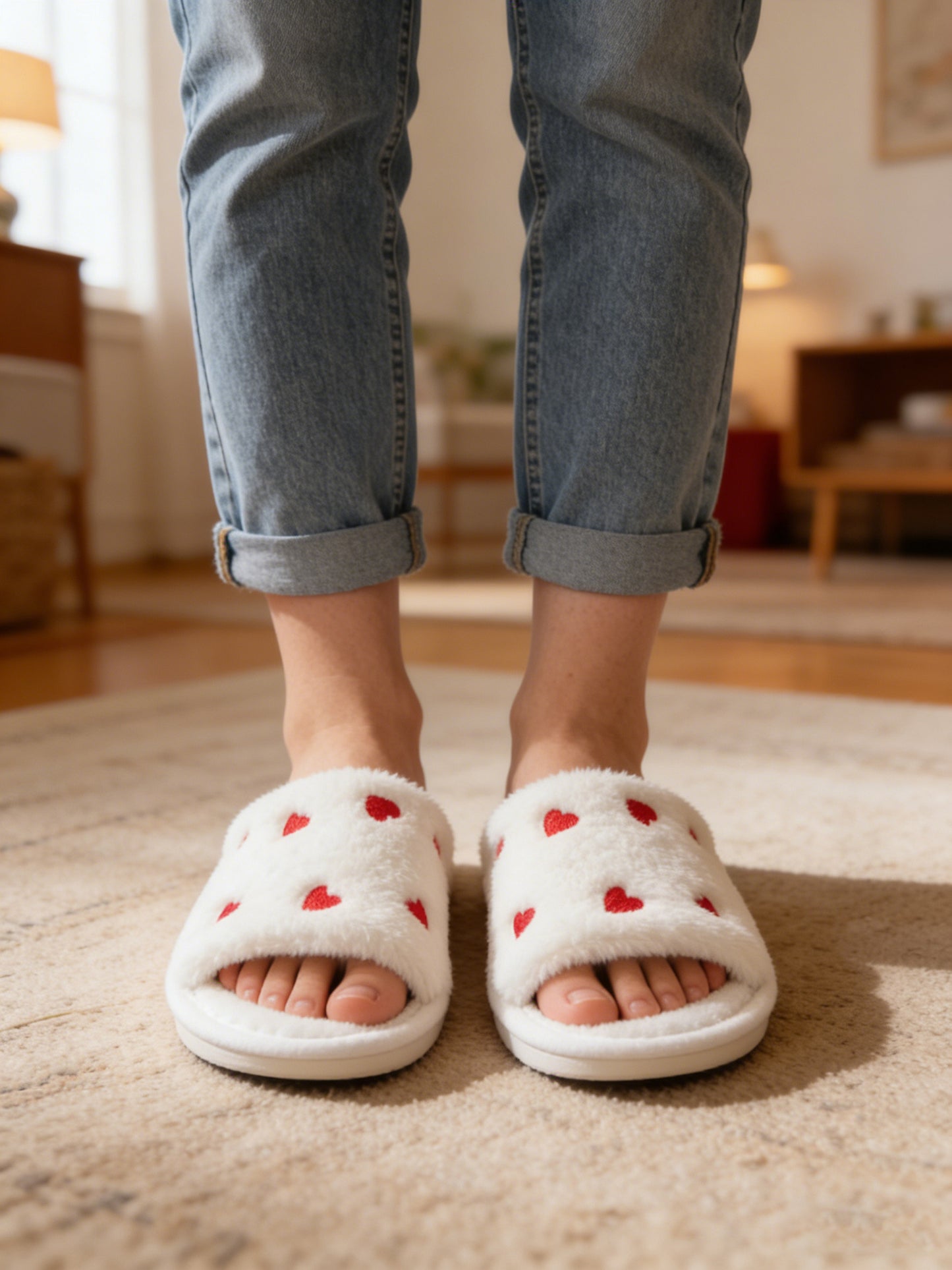 Bulk Slippers | Soft Red Heart Plush Slides Women Winter Cozy Indoor House Shoes Wholesale