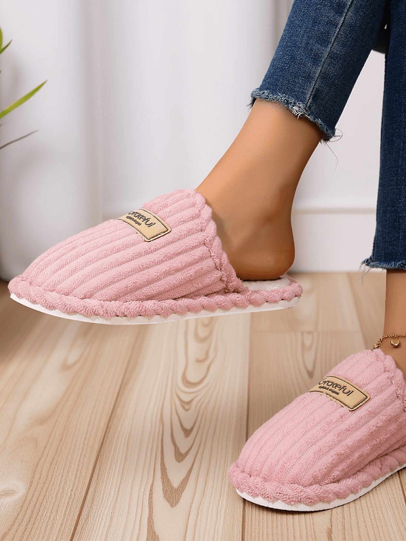 Bulk Slippers | Soft Ribbed Plush Slippers Women Winter Warm Anti-slip Indoor Shoes Wholesale