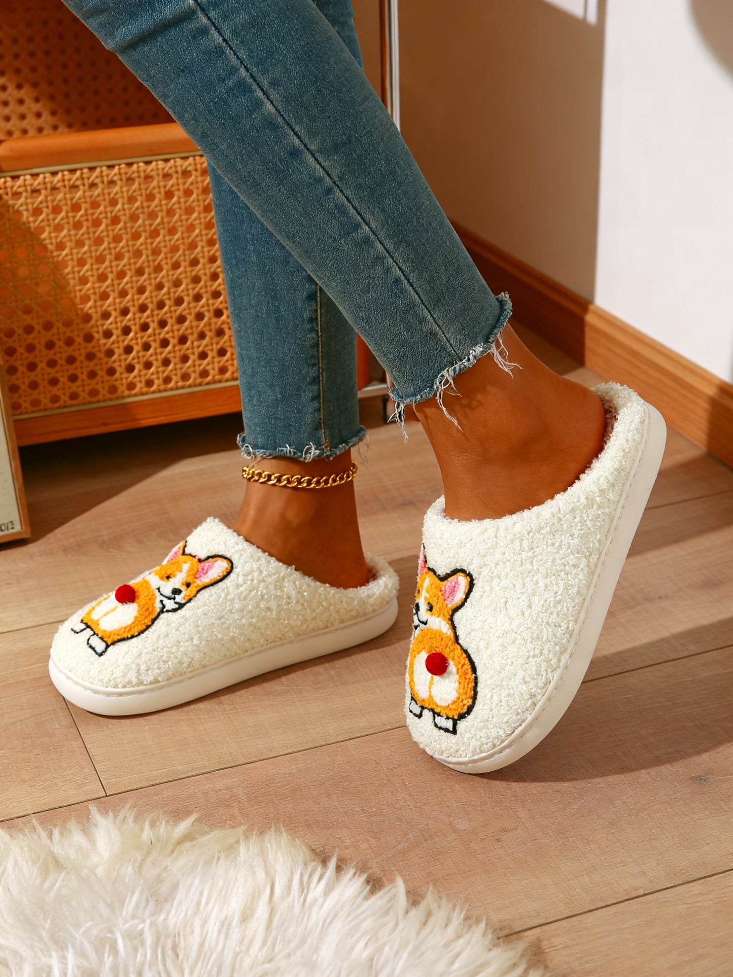 Bulk Slippers | Soft Unisex Cute Corgi Fuzzy Slippers Winter Warm Indoor Family Shoes Wholesale