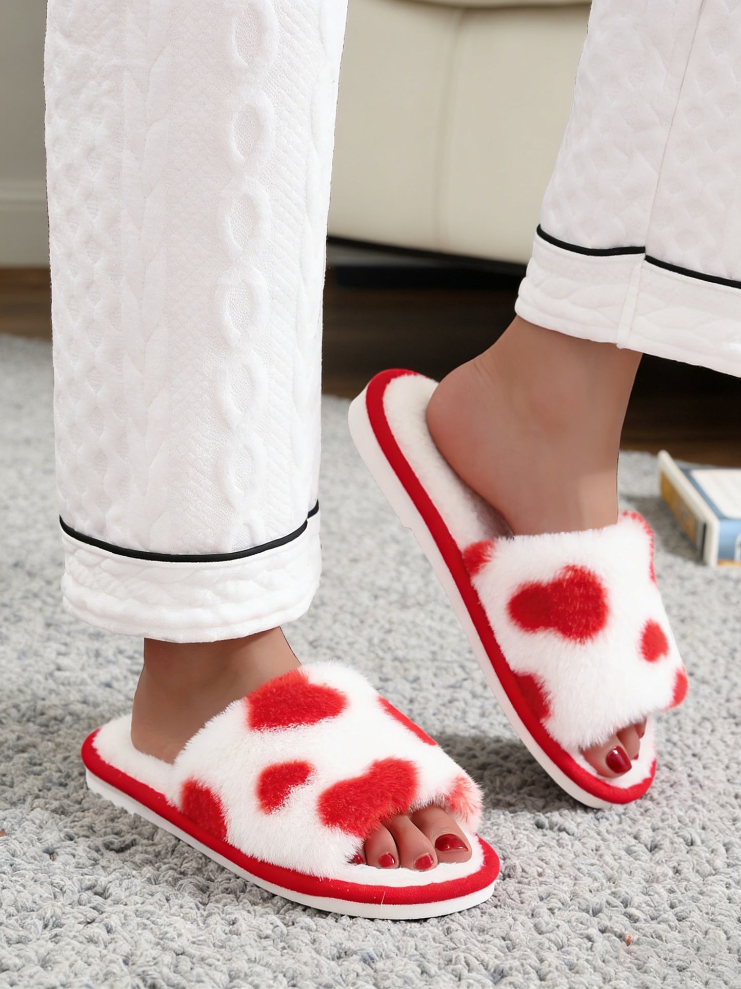 Bulk Slippers | Love Heart Print Fuzzy Open Toe Slippers Women Spring Summer Breathable Indoor Home Shoes Wholesale