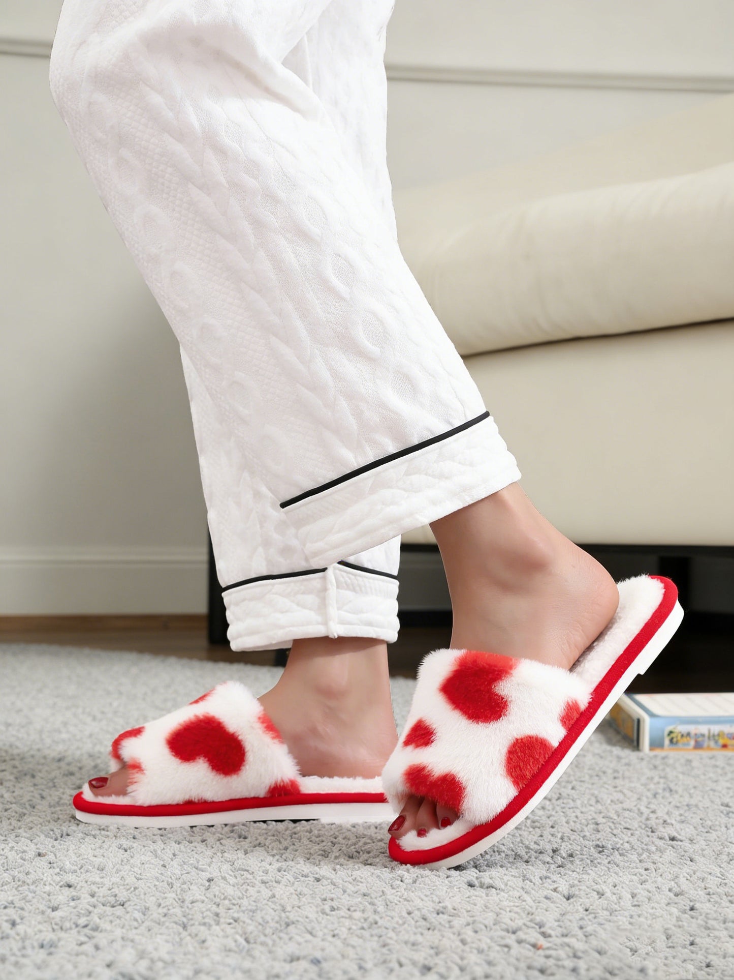 Bulk Slippers | Love Heart Print Fuzzy Open Toe Slippers Women Spring Summer Breathable Indoor Home Shoes Wholesale