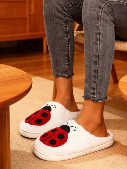 Bulk Slippers | Unisex Ladybug Embroidery Fuzzy Slippers Winter Warm Indoor Home Shoes Wholesale