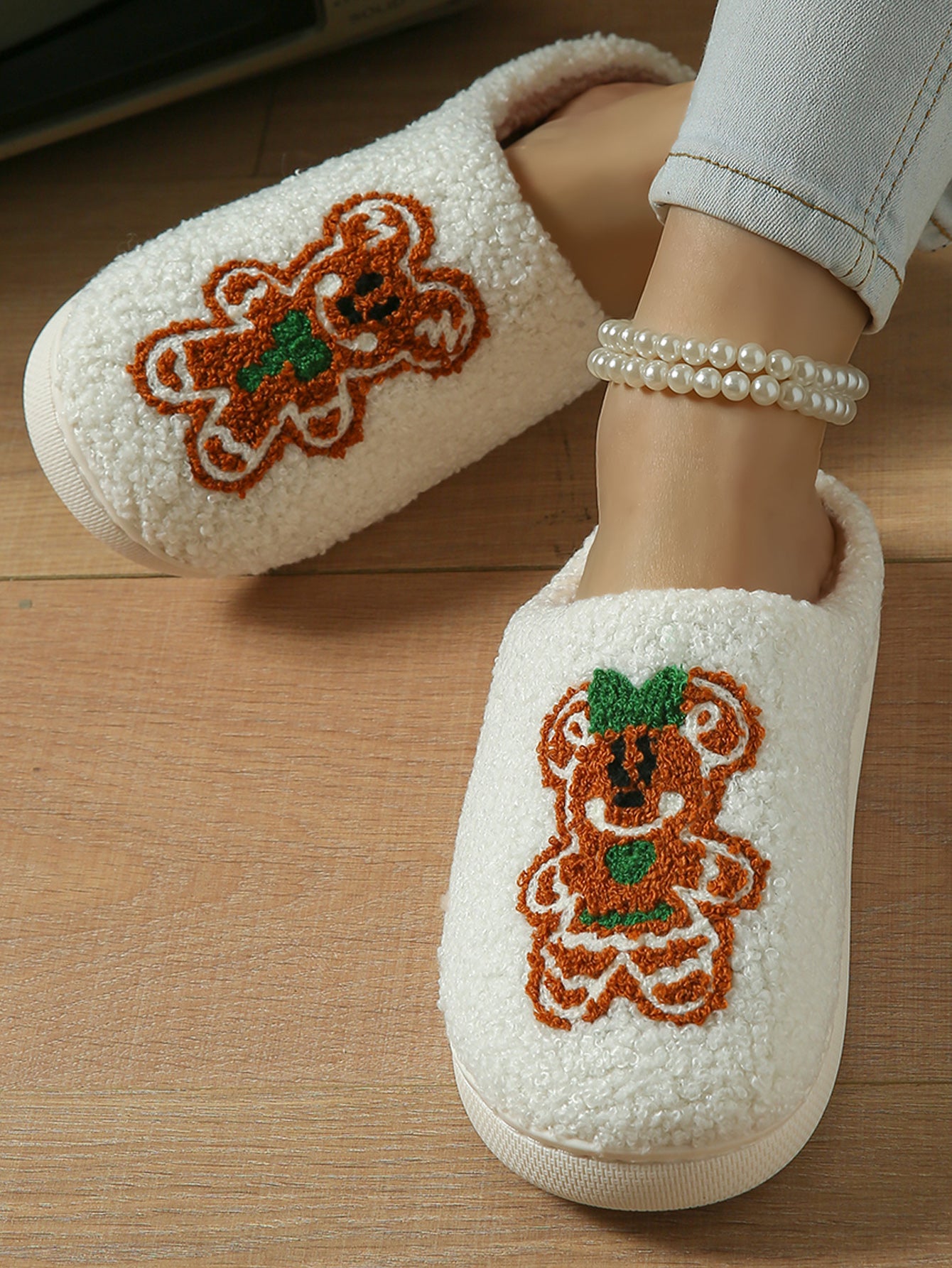 Bulk Slippers | Unisex Gingerbread Man Fuzzy Slippers Winter Warm Indoor Home Shoes Wholesale