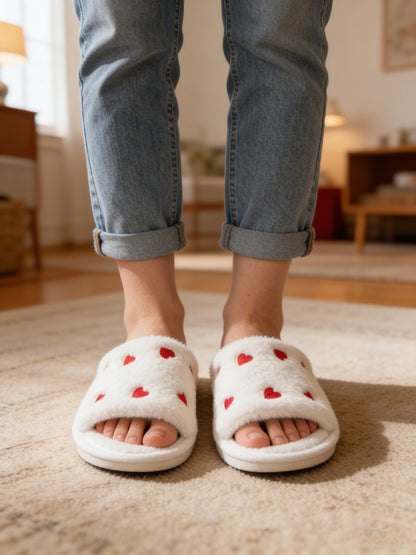 Bulk Slippers | Soft Red Heart Plush Slides Women Winter Cozy Indoor House Shoes Wholesale