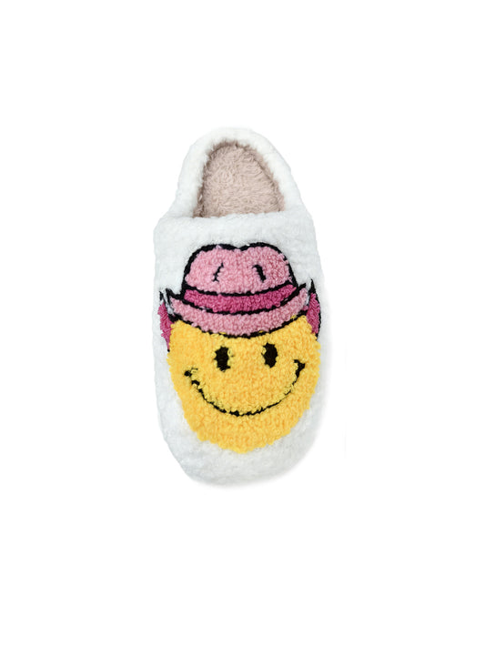 Bulk Slippers | Unisex Cowboy Smiley Embroidery Fuzzy Slippers Winter Warm Indoor Home Shoes Wholesale