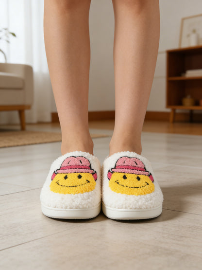 Bulk Slippers | Unisex Cowboy Smiley Embroidery Fuzzy Slippers Winter Warm Indoor Home Shoes Wholesale