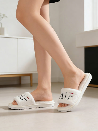 Bulk Slippers | Fuzzy Embroidered Open Toe Slippers Women Winter Warm Indoor Home Shoes Wholesale