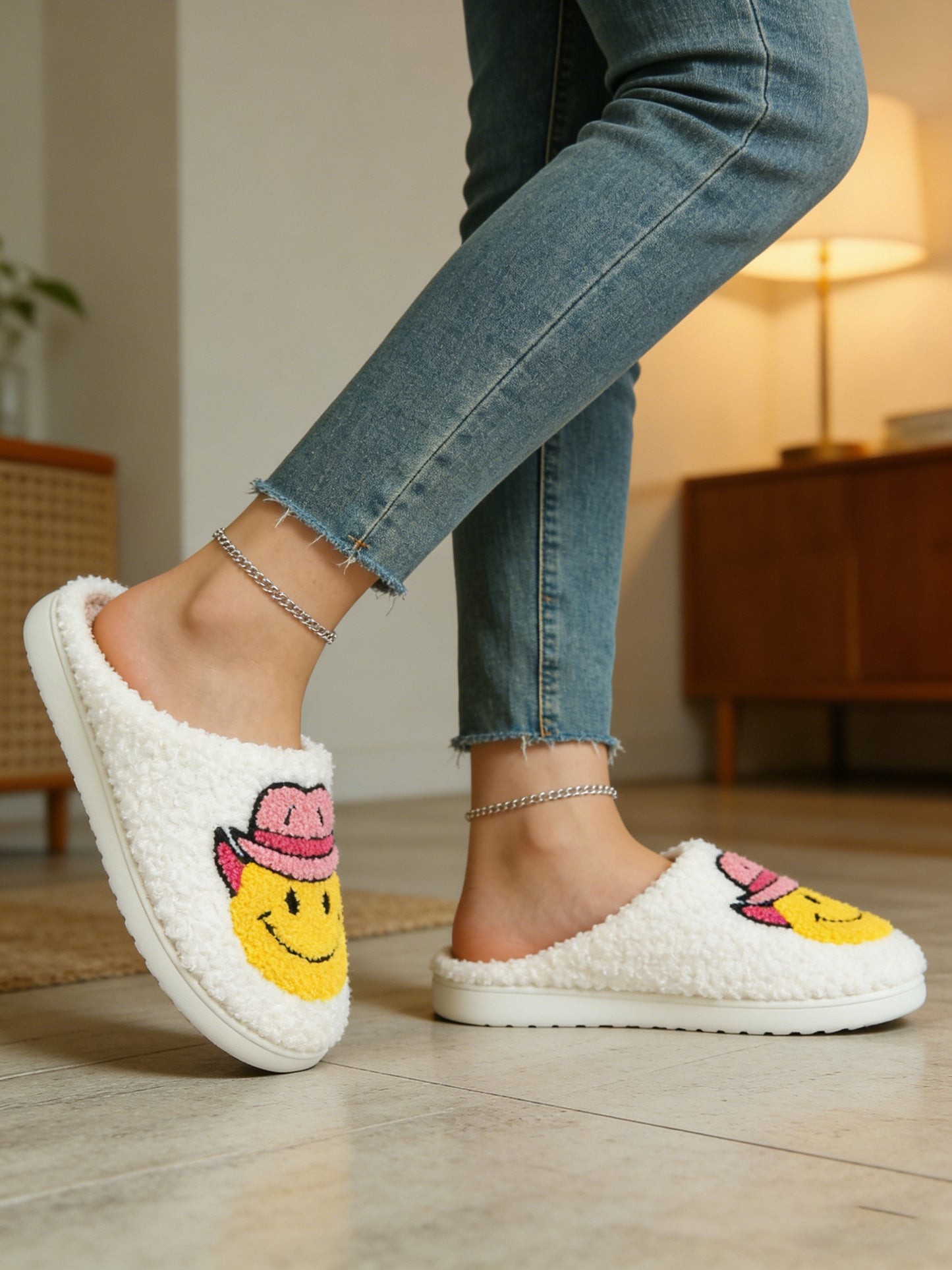 Bulk Slippers | Unisex Cowboy Smiley Embroidery Fuzzy Slippers Winter Warm Indoor Home Shoes Wholesale