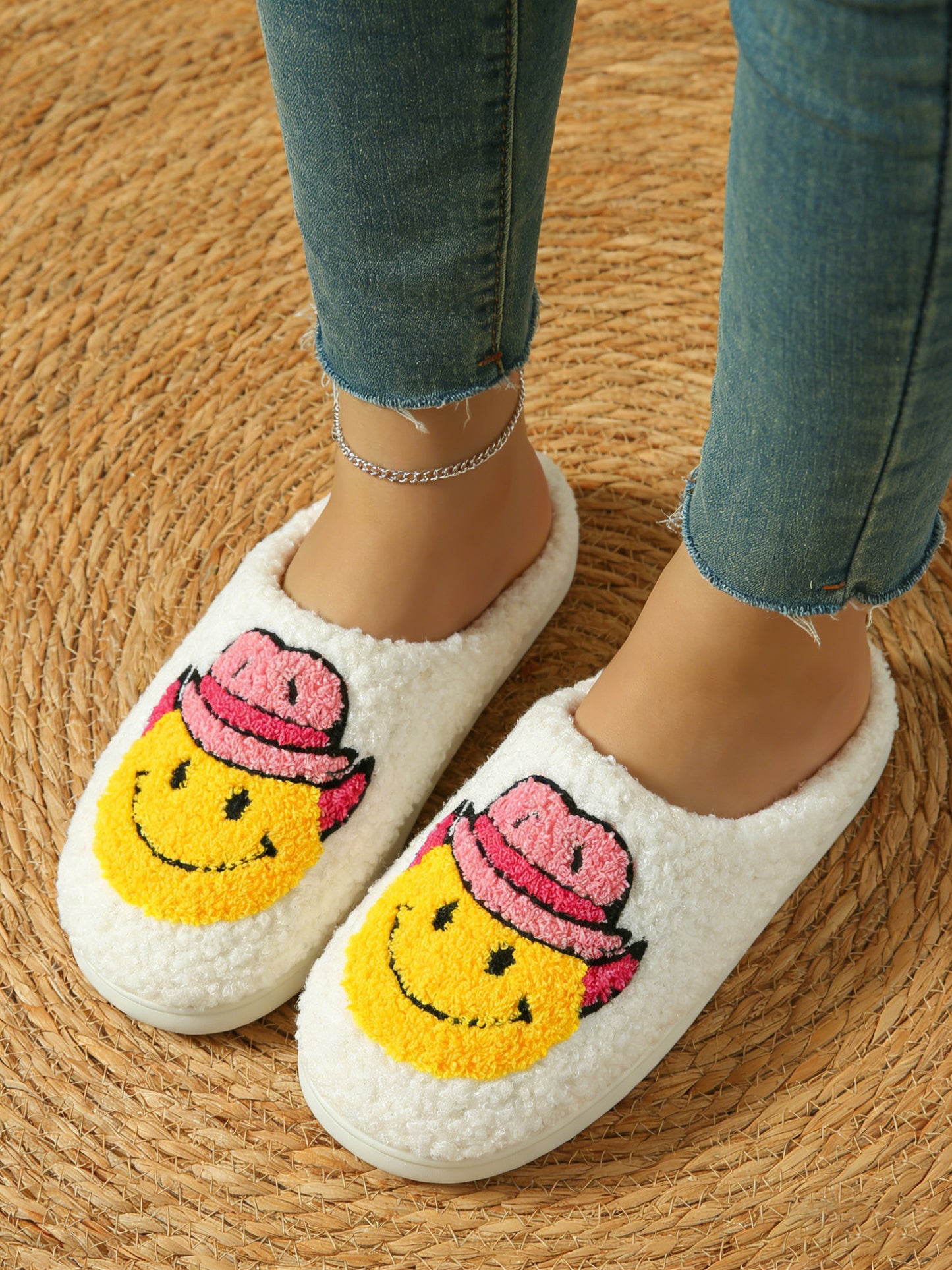 Bulk Slippers | Unisex Cowboy Smiley Embroidery Fuzzy Slippers Winter Warm Indoor Home Shoes Wholesale