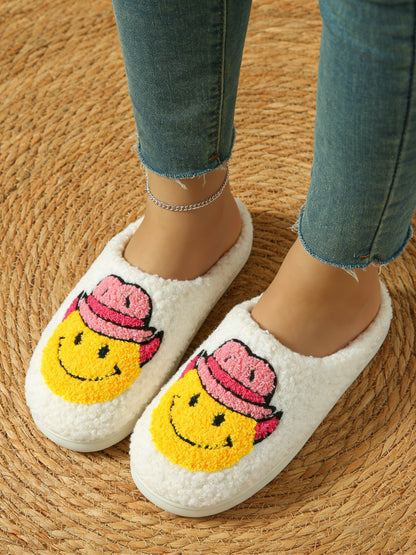 Bulk Slippers | Unisex Cowboy Smiley Embroidery Fuzzy Slippers Winter Warm Indoor Home Shoes Wholesale