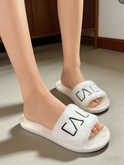 Bulk Slippers | Fuzzy Embroidered Open Toe Slippers Women Winter Warm Indoor Home Shoes Wholesale