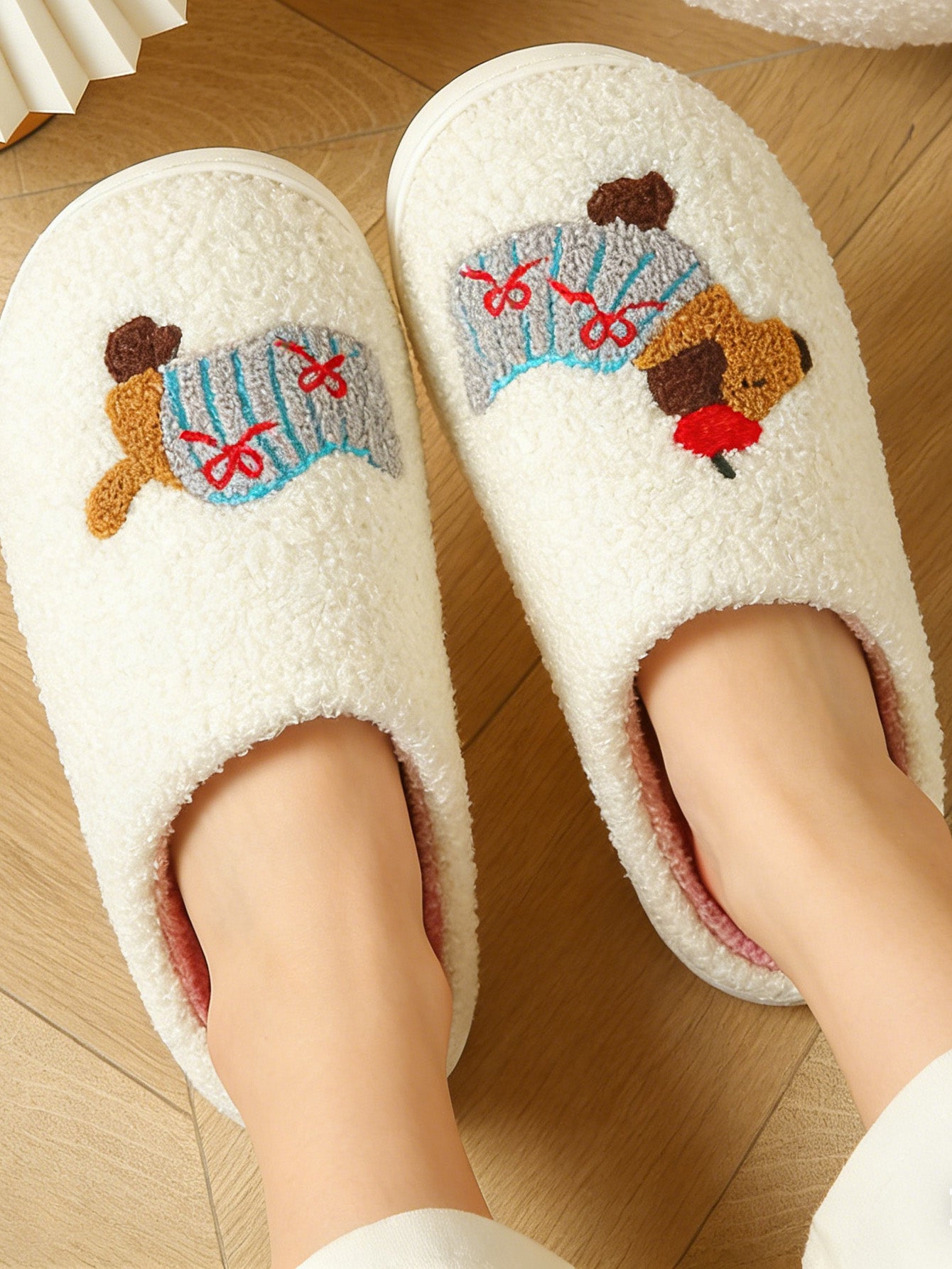 Bulk Slippers | Unisex Bear Embroidery Fuzzy Slippers Winter Warm Indoor Home Shoes Wholesale