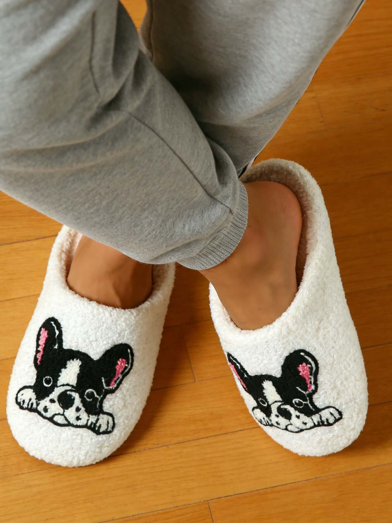 Bulk Slippers | Soft Fuzzy French Bulldog Slippers Women Winter Warm Indoor House Shoes Wholesale