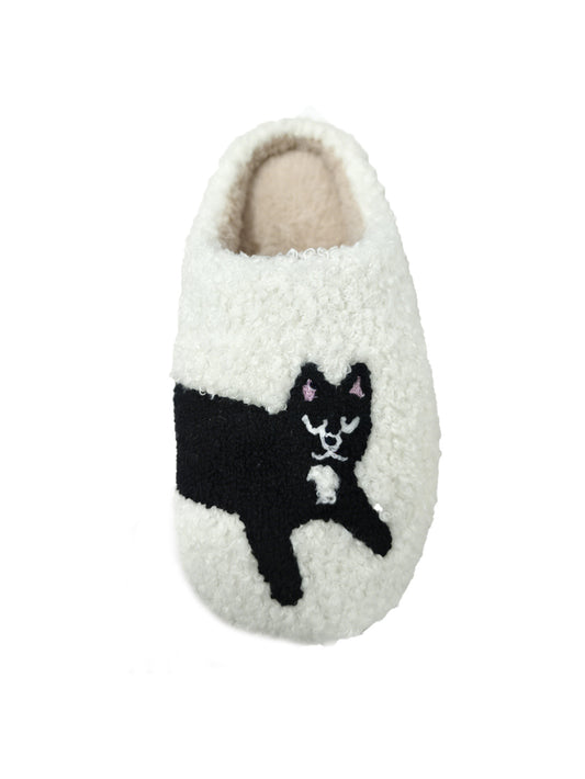 Bulk Slippers | Unisex Black Cat Embroidery Fuzzy Slippers Winter Warm Indoor Home Shoes Wholesale