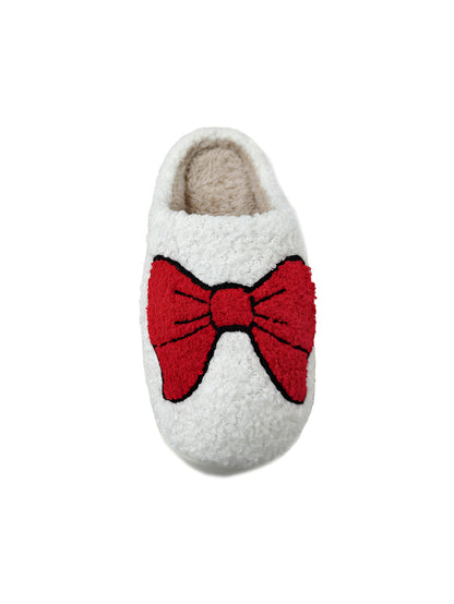 Bulk Slippers | Unisex Red Bow Embroidery Fuzzy Slippers Winter Warm Indoor Home Shoes Wholesale