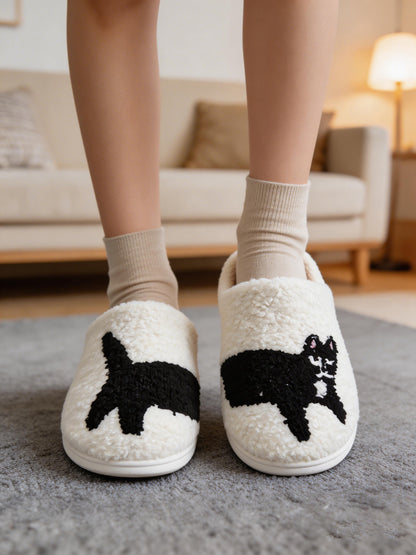 Bulk Slippers | Unisex Black Cat Embroidery Fuzzy Slippers Winter Warm Indoor Home Shoes Wholesale
