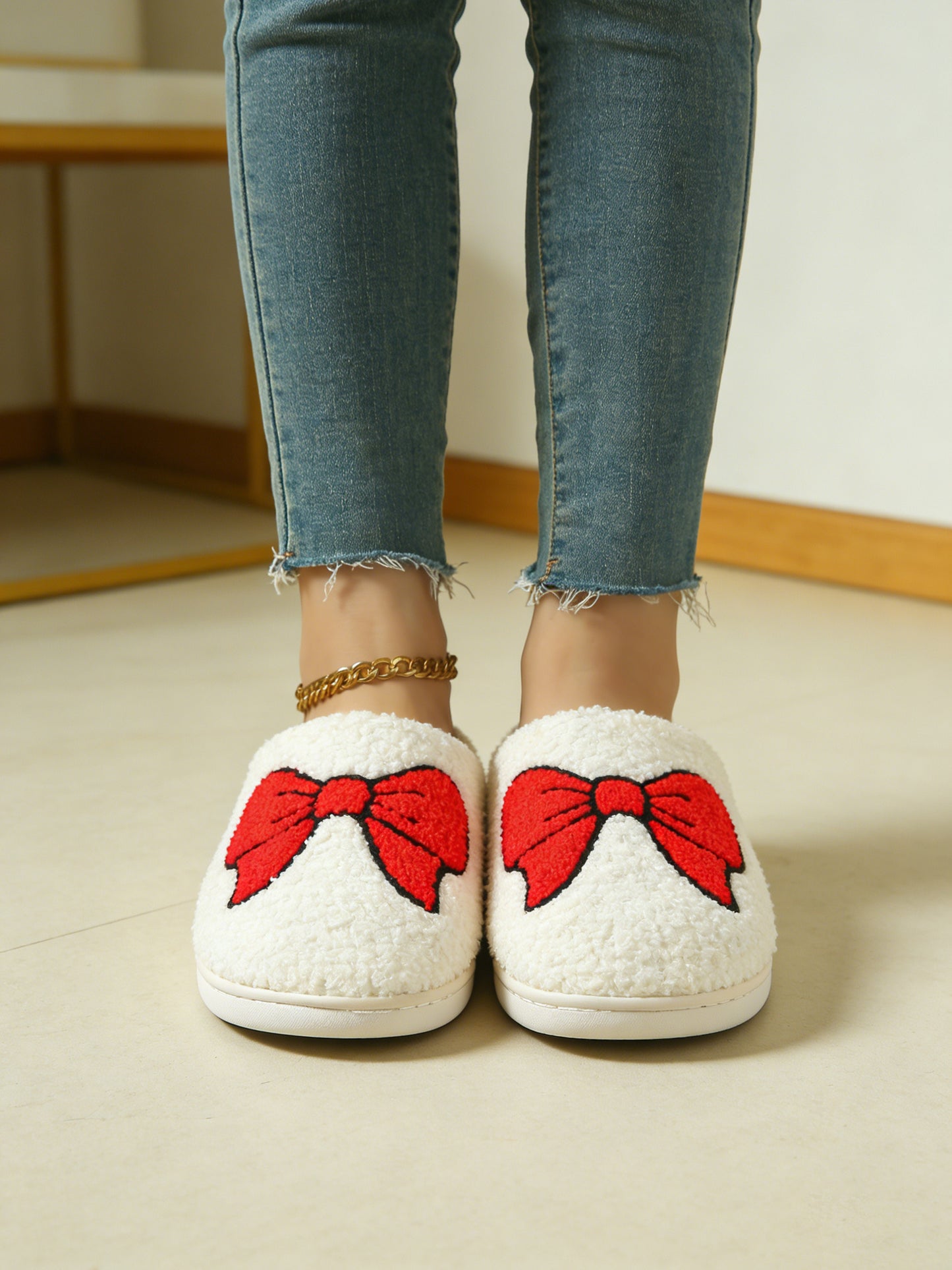 Bulk Slippers | Unisex Red Bow Embroidery Fuzzy Slippers Winter Warm Indoor Home Shoes Wholesale