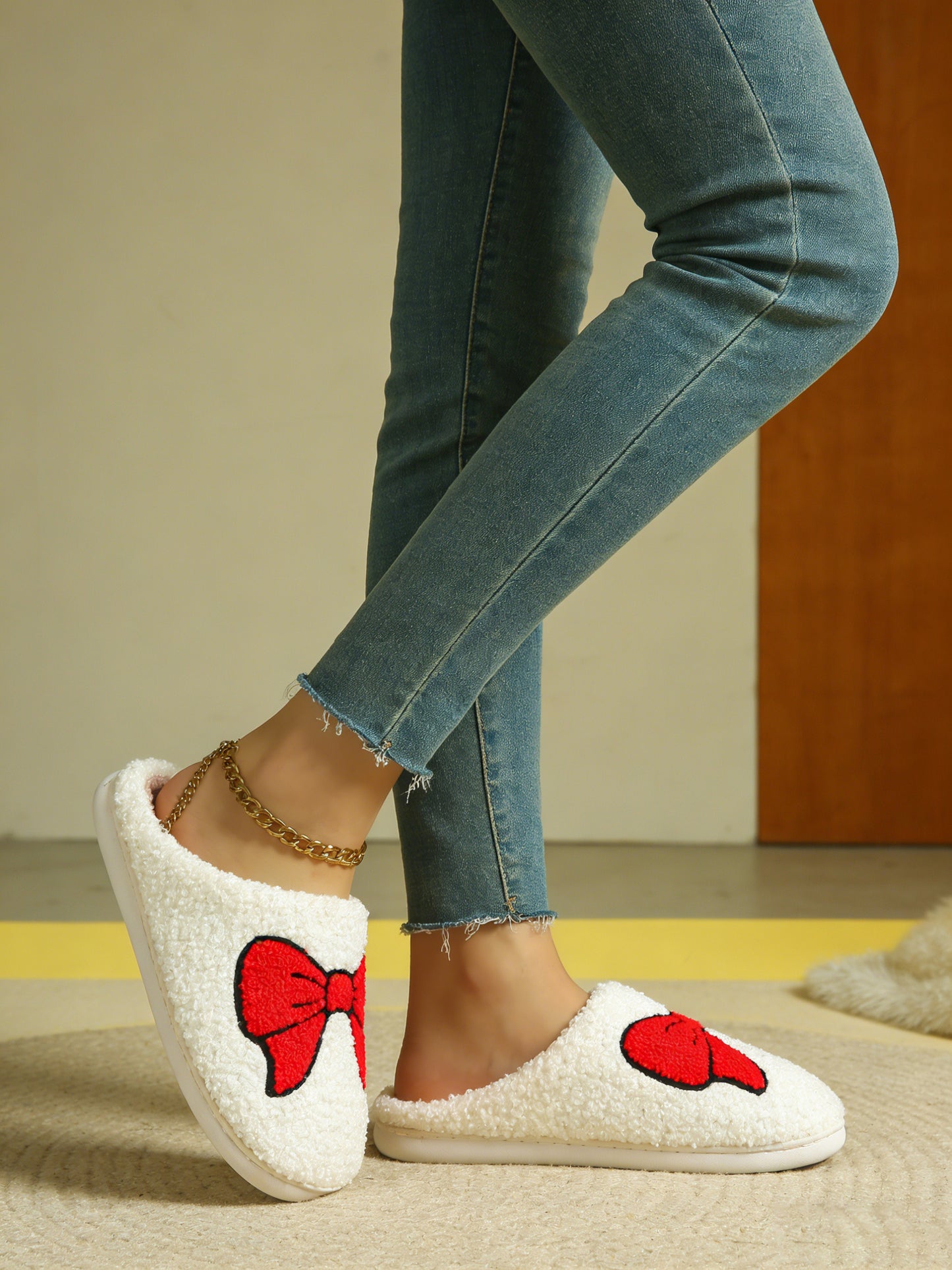 Bulk Slippers | Unisex Red Bow Embroidery Fuzzy Slippers Winter Warm Indoor Home Shoes Wholesale
