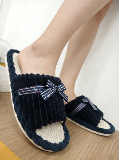 Bulk Slippers | Soft Striped Bow Corduroy Slippers Women Winter Cozy Indoor House Shoes Wholesale