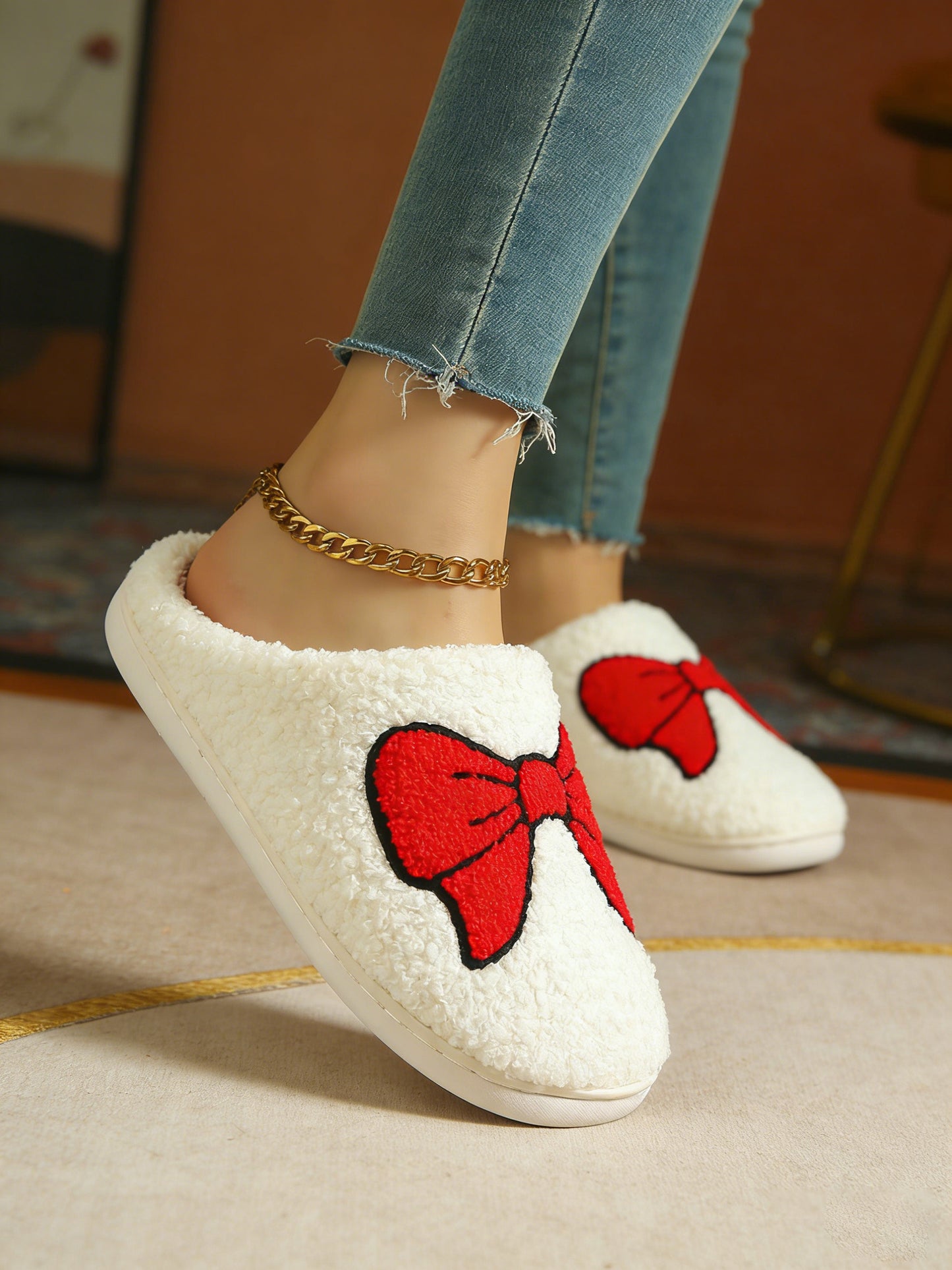 Bulk Slippers | Unisex Red Bow Embroidery Fuzzy Slippers Winter Warm Indoor Home Shoes Wholesale
