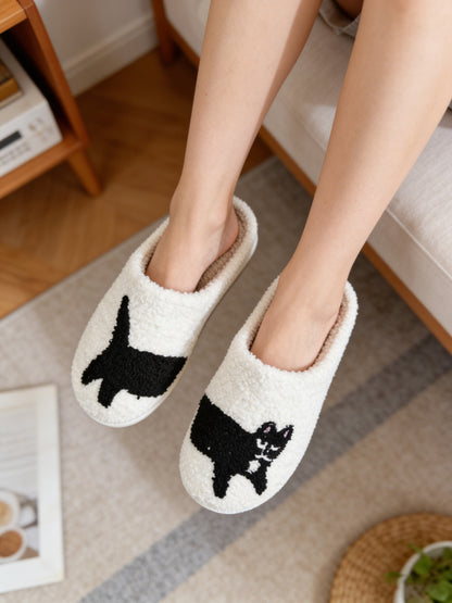 Bulk Slippers | Unisex Black Cat Embroidery Fuzzy Slippers Winter Warm Indoor Home Shoes Wholesale