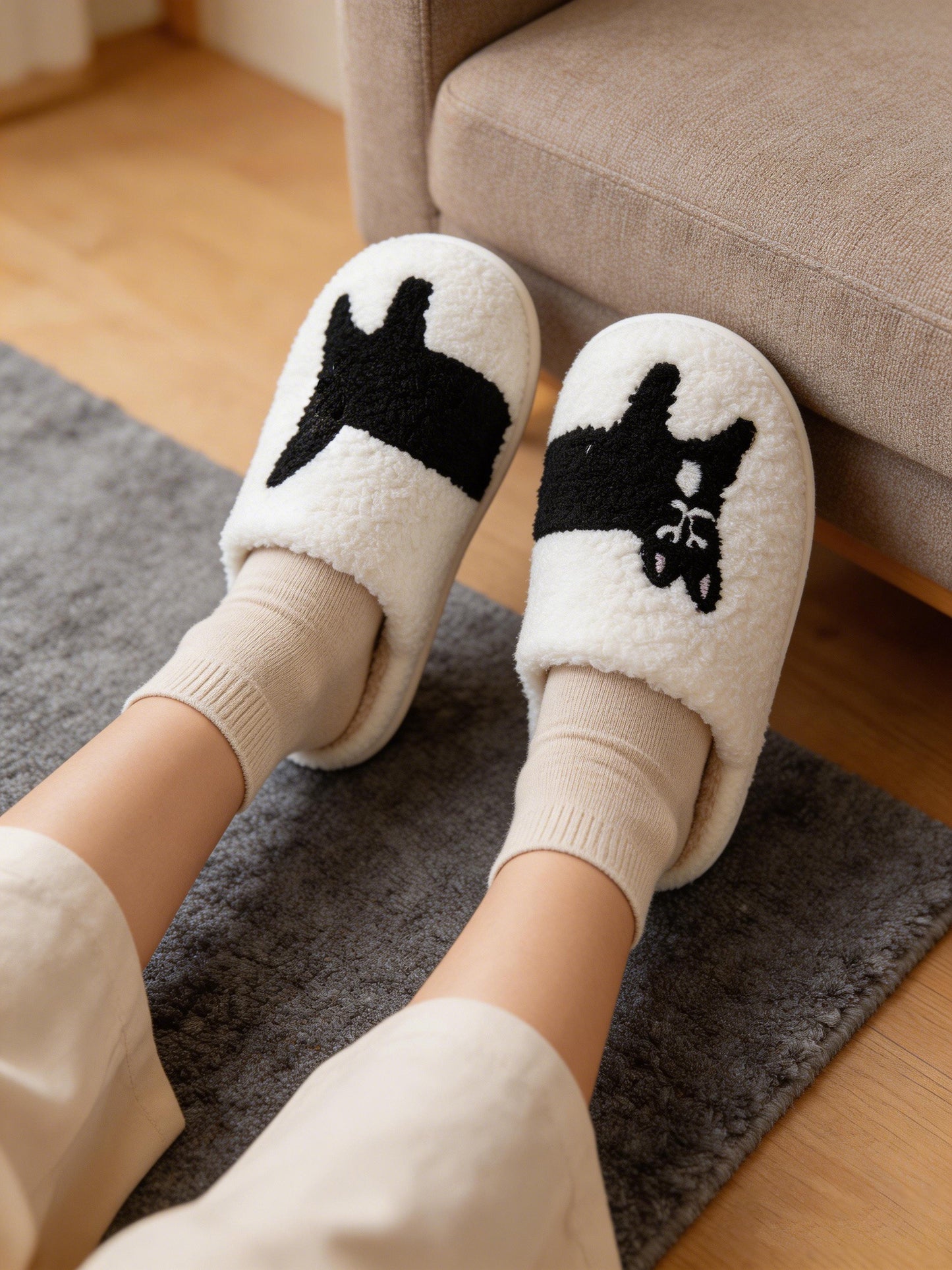 Bulk Slippers | Unisex Black Cat Embroidery Fuzzy Slippers Winter Warm Indoor Home Shoes Wholesale