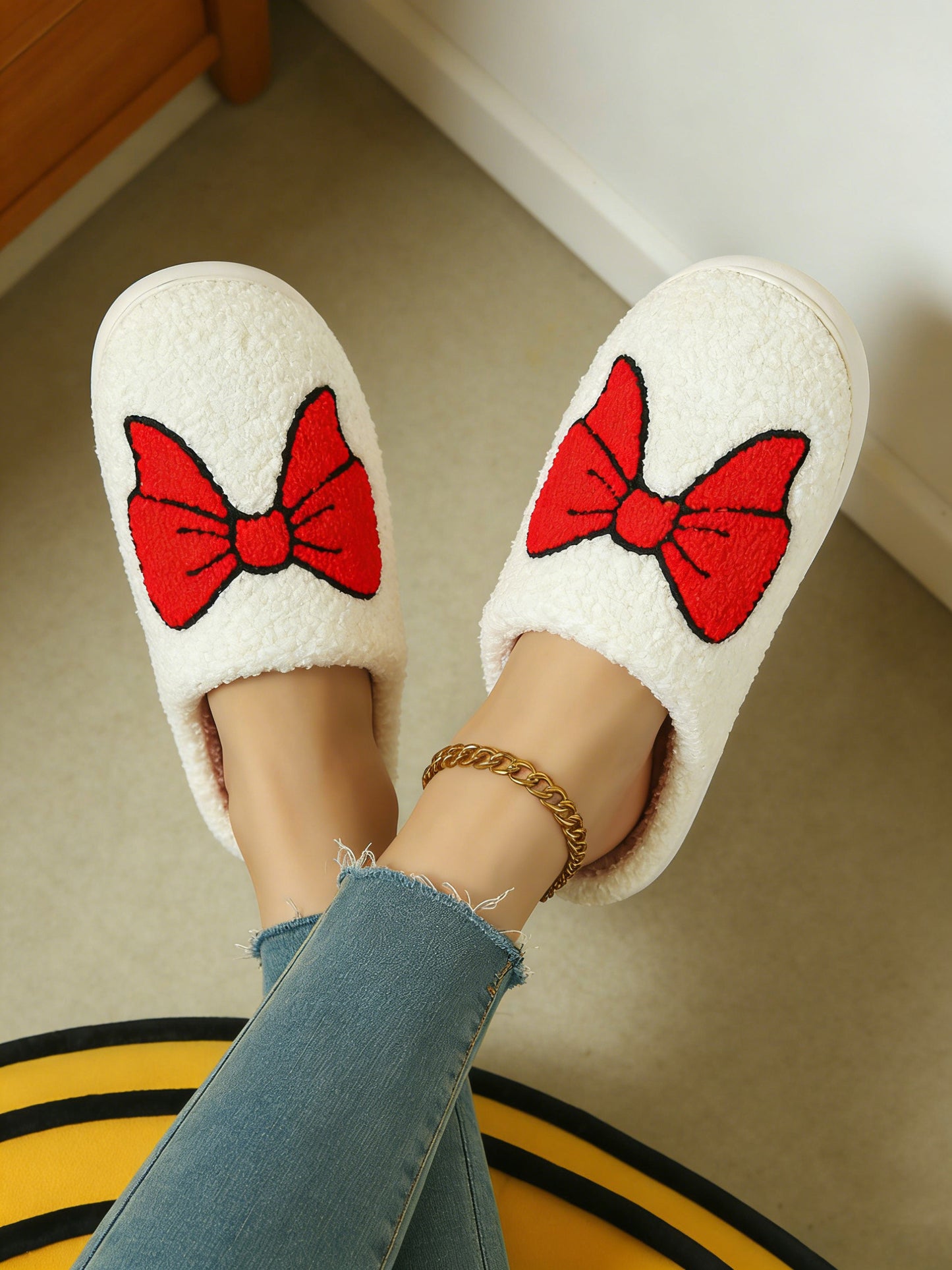 Bulk Slippers | Unisex Red Bow Embroidery Fuzzy Slippers Winter Warm Indoor Home Shoes Wholesale
