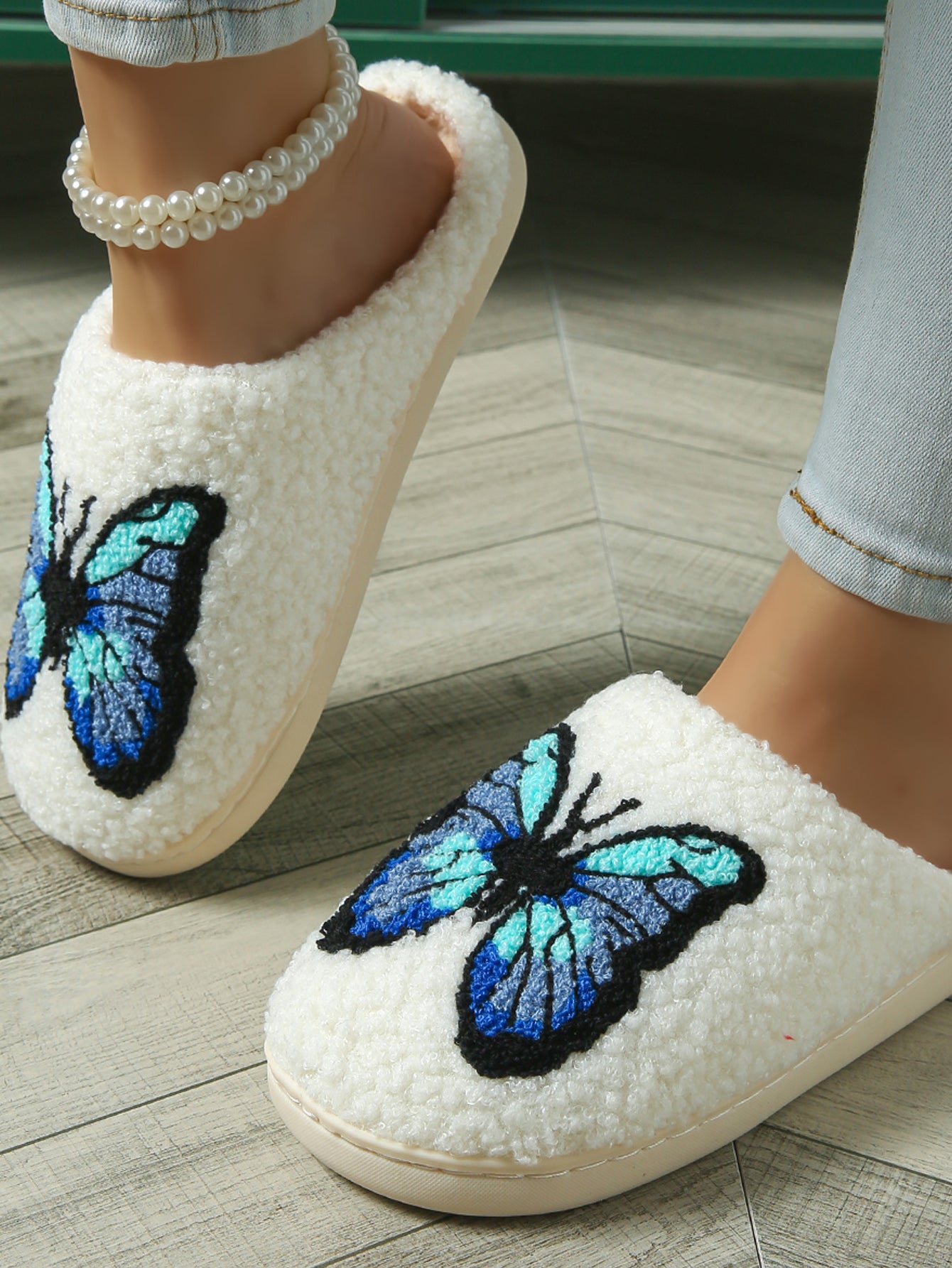 Bulk Slippers | Unisex Butterfly Embroidery Fuzzy Slippers Winter Warm Indoor Home Shoes Wholesale