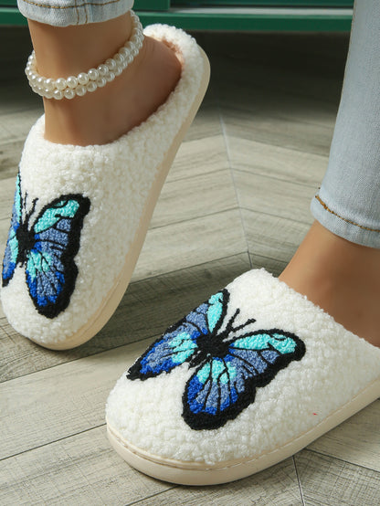 Bulk Slippers | Unisex Butterfly Embroidery Fuzzy Slippers Winter Warm Indoor Home Shoes Wholesale