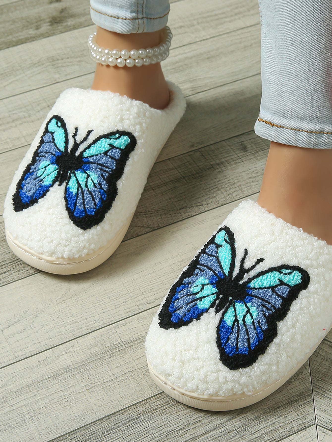 Bulk Slippers | Unisex Butterfly Embroidery Fuzzy Slippers Winter Warm Indoor Home Shoes Wholesale