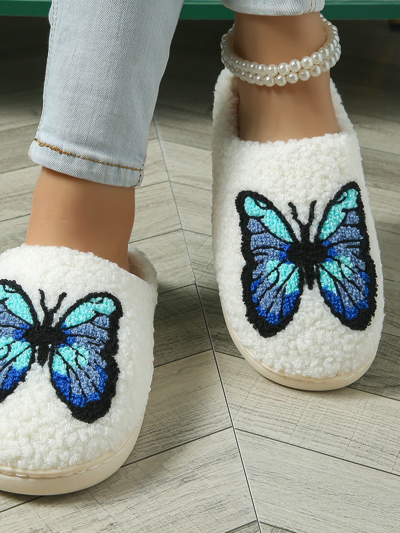 Bulk Slippers | Unisex Butterfly Embroidery Fuzzy Slippers Winter Warm Indoor Home Shoes Wholesale