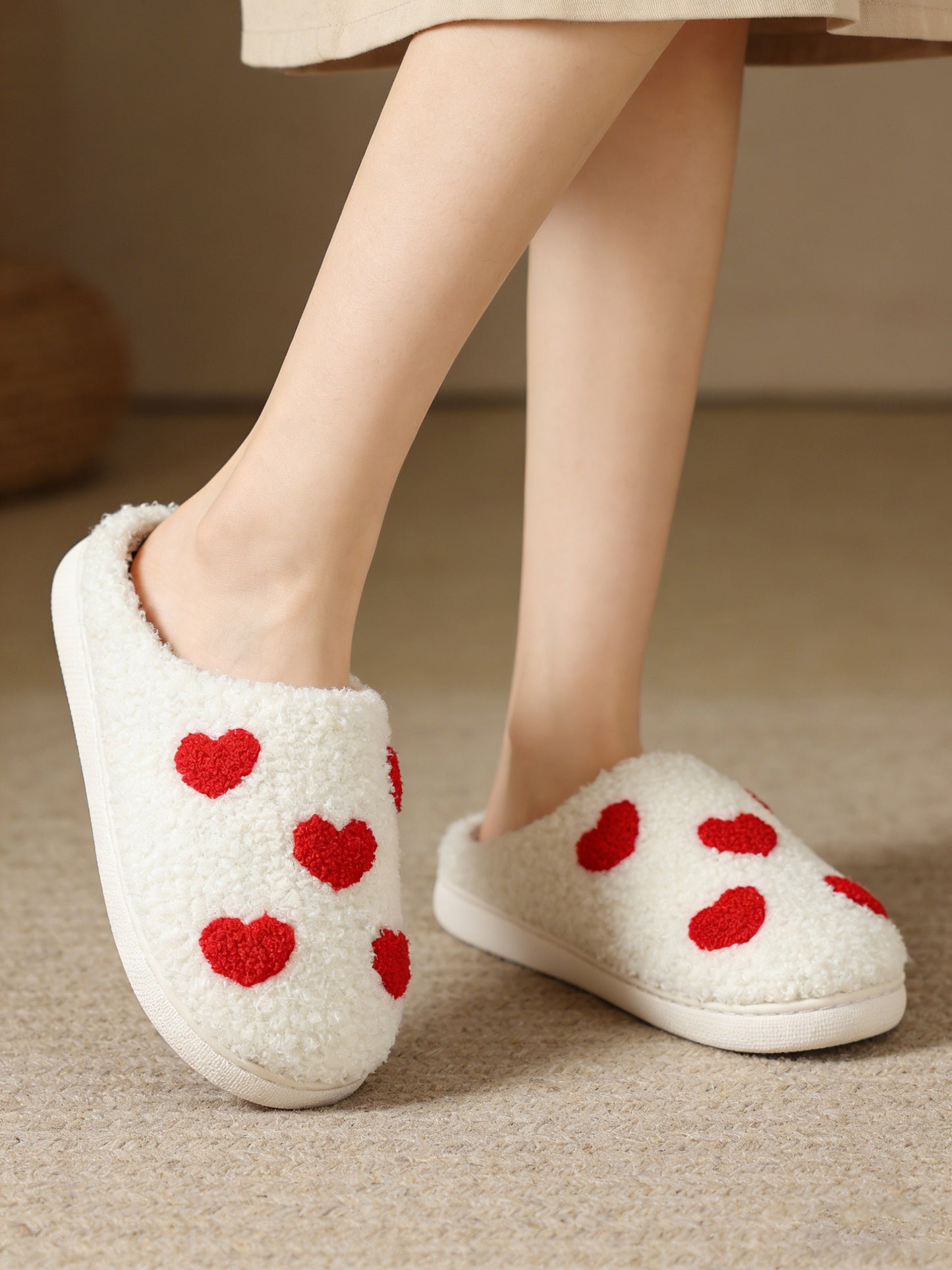 Bulk Slippers | Unisex Red Heart Embroidery Fuzzy Slippers Winter Warm Indoor Home Shoes Wholesale