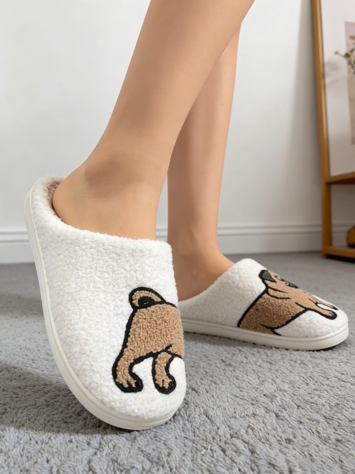 Bulk Slippers | Soft Unisex Cute Pug Fuzzy Slippers Winter Warm Indoor Family Shoes Wholesale