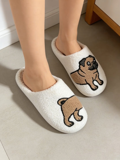 Bulk Slippers | Soft Unisex Cute Pug Fuzzy Slippers Winter Warm Indoor Family Shoes Wholesale