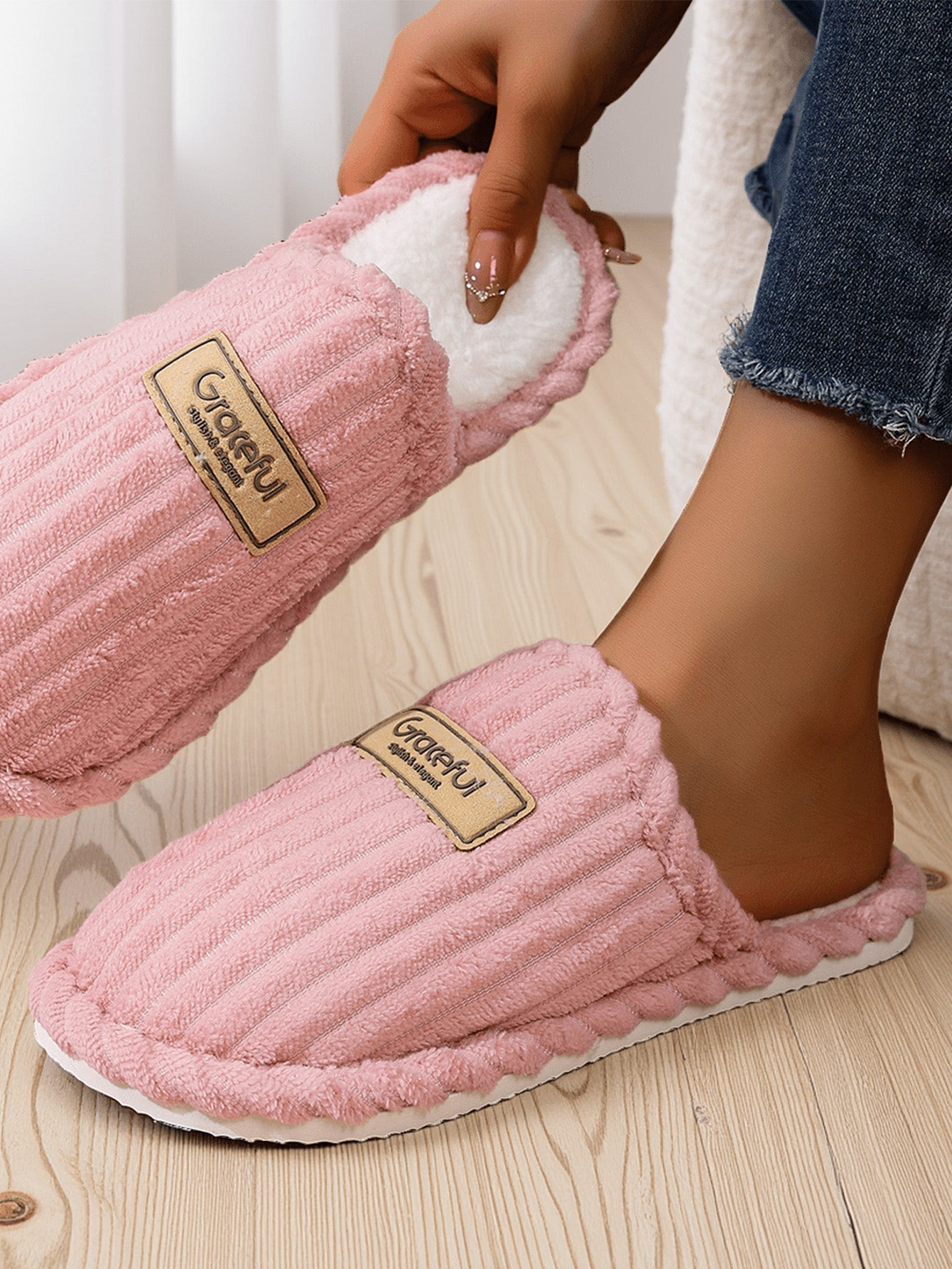 Bulk Slippers | Soft Ribbed Plush Slippers Women Winter Warm Anti-slip Indoor Shoes Wholesale