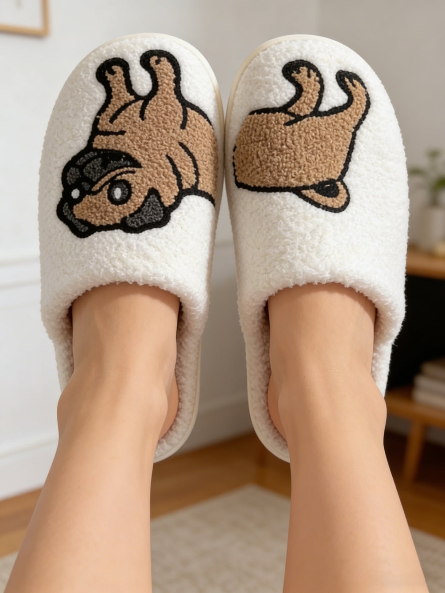 Bulk Slippers | Soft Unisex Cute Pug Fuzzy Slippers Winter Warm Indoor Family Shoes Wholesale