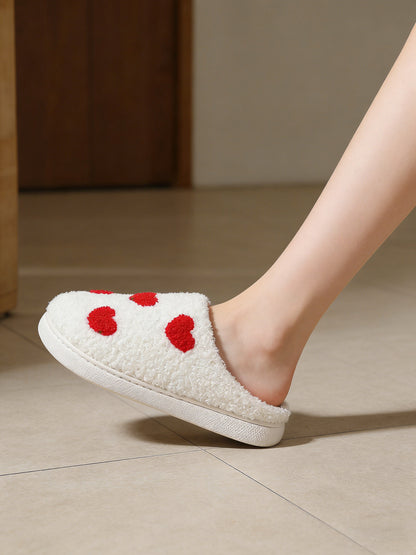 Bulk Slippers | Unisex Red Heart Embroidery Fuzzy Slippers Winter Warm Indoor Home Shoes Wholesale