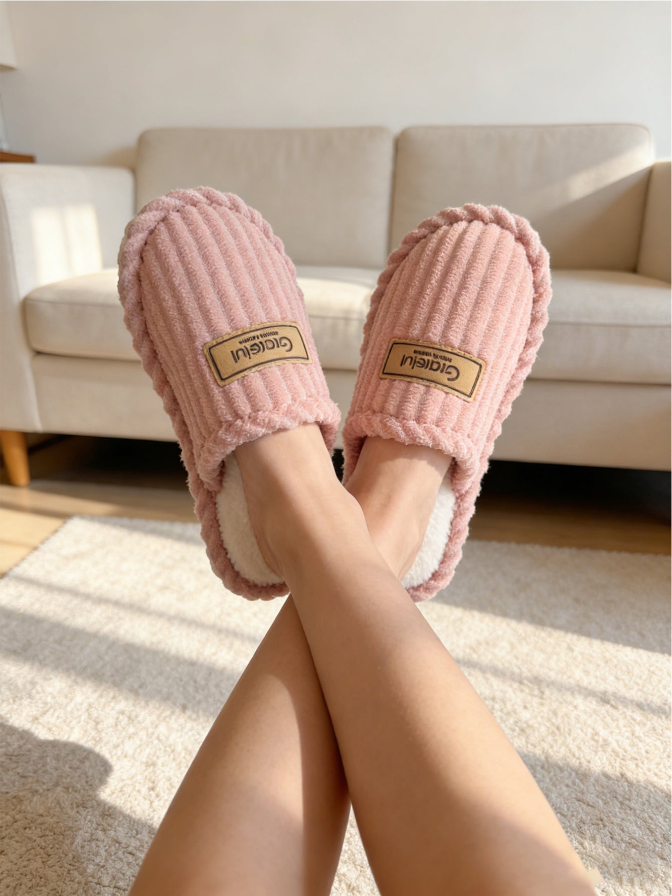 Bulk Slippers | Soft Ribbed Plush Slippers Women Winter Warm Anti-slip Indoor Shoes Wholesale