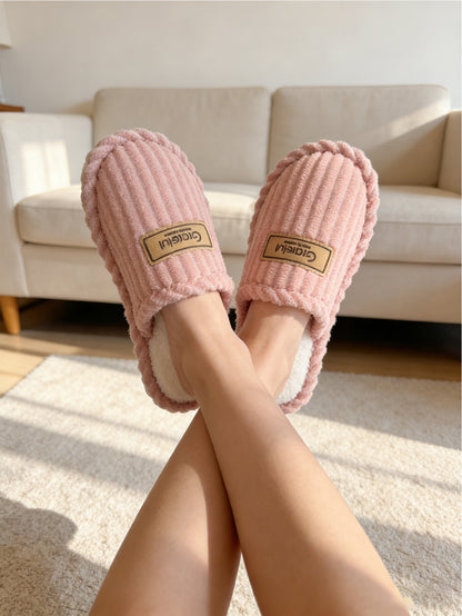 Bulk Slippers | Soft Ribbed Plush Slippers Women Winter Warm Anti-slip Indoor Shoes Wholesale