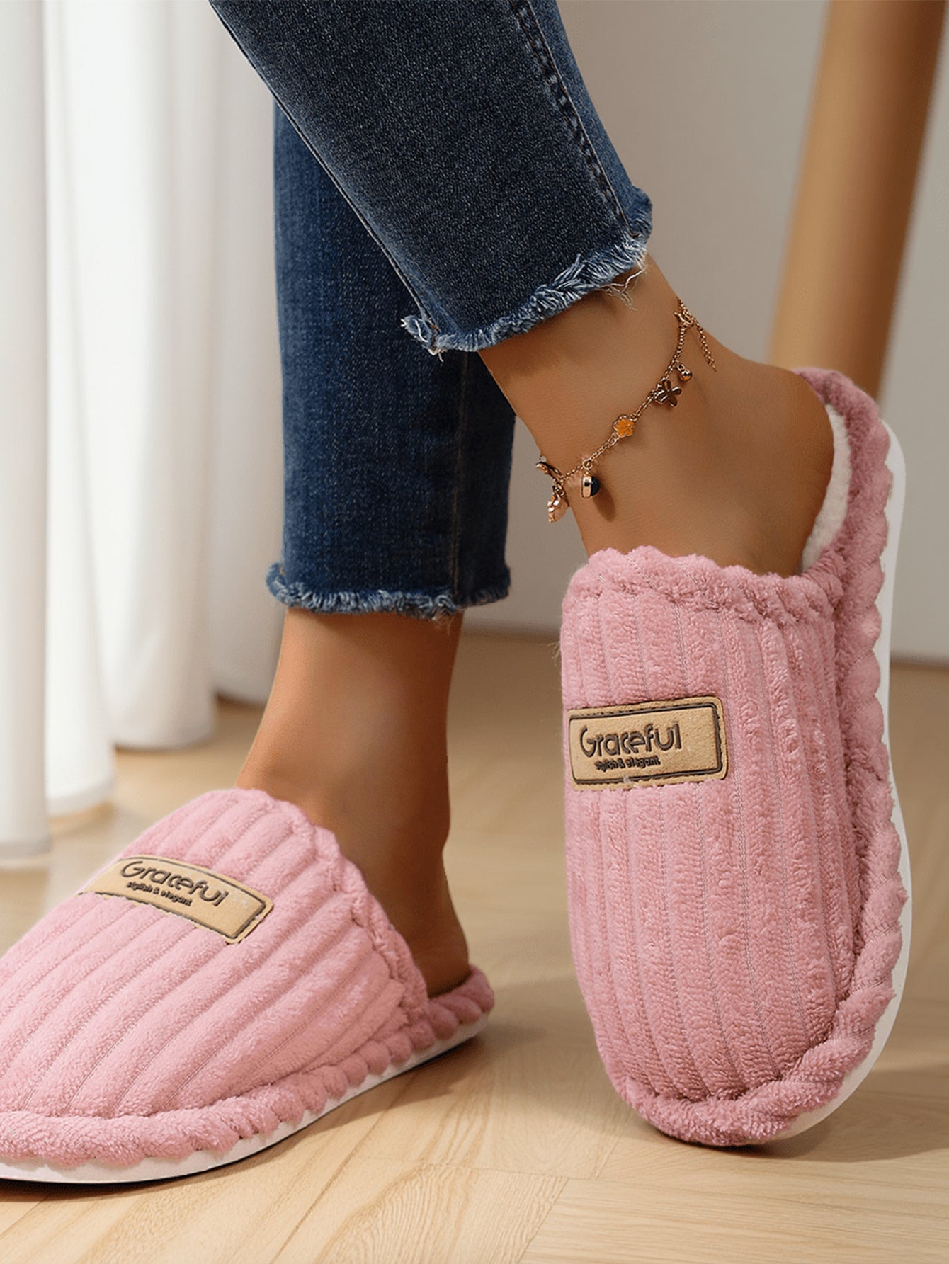 Bulk Slippers | Soft Ribbed Plush Slippers Women Winter Warm Anti-slip Indoor Shoes Wholesale