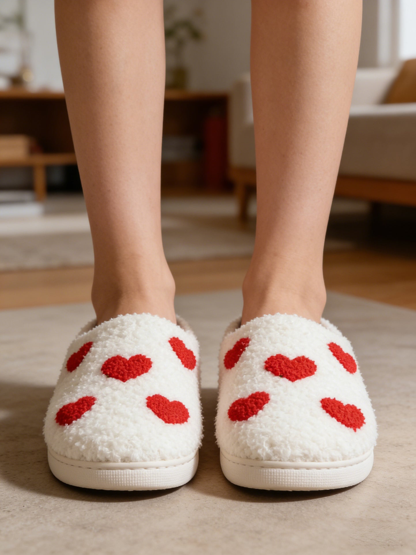 Bulk Slippers | Unisex Red Heart Embroidery Fuzzy Slippers Winter Warm Indoor Home Shoes Wholesale